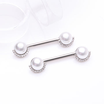 Detail View 1 of A Pair of Pearlescent Sparkle Crescent Rim Nipple Barbell-Clear Gem